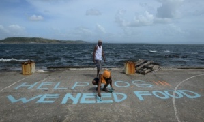 A man paints a message on a baskeball court that reads 'Help SOS We Need Food' at Anibong in Tacloban Photograph: NOEL CELIS/AFP/Getty Images