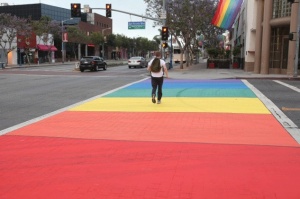 Rainbow-colored pedestrian crosswalk on Santa Monica and San Vicente Boulevards in West Hollywood