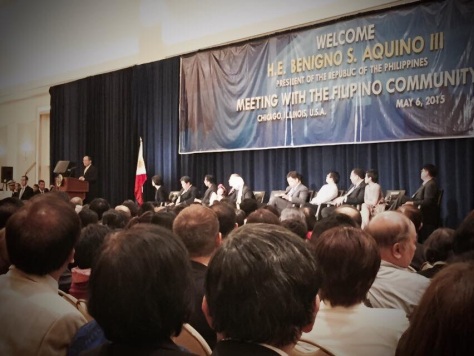 Aquino speaking at gathering in Chicago on May 6, 2015 (Photo credit: Rose Tibayan) 