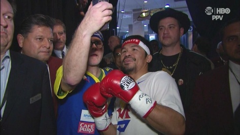 Selfie before the 'Fight of the Century' with Manny Pacquiao, his coach Freddie Roach, and late night talk show host Jimmy Kimmel